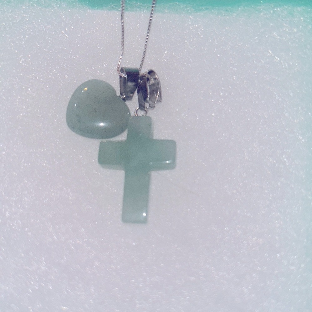Boho hippie Jade Cross and heart Sterling Silver 16” Nec…